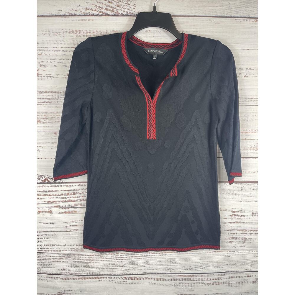 Ming Wang Sweater Women's Size S Black Red 3/4 Sleeve Pullover Knit Top Acrylic